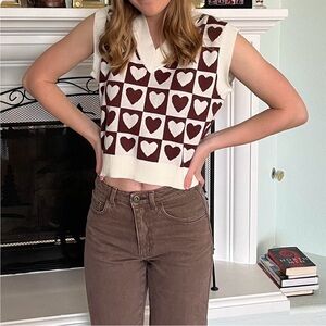 Brown and White Heart Pattern Sweater Vest